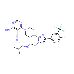 CC(C)CNCCn1cc(-c2ccc(F)c(C(F)(F)F)c2)nc1C1CCN(c2ncnc(N)c2C#N)CC1 ZINC000218719630