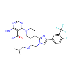 CC(C)CNCCn1cc(-c2ccc(F)c(C(F)(F)F)c2)nc1C1CCN(c2ncnc(N)c2C(N)=O)CC1 ZINC000219735548