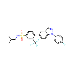 CC(C)CNS(=O)(=O)c1ccc(-c2ccc3c(cnn3-c3ccc(F)cc3)c2)c(C(F)(F)F)c1 ZINC000049037527