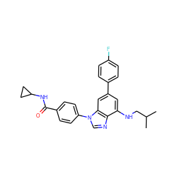 CC(C)CNc1cc(-c2ccc(F)cc2)cc2c1ncn2-c1ccc(C(=O)NC2CC2)cc1 ZINC000203530553