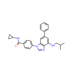 CC(C)CNc1cc(-c2ccccc2)cc2c1ncn2-c1ccc(C(=O)NC2CC2)cc1 ZINC000203530555