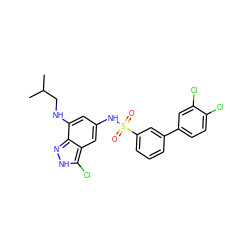 CC(C)CNc1cc(NS(=O)(=O)c2cccc(-c3ccc(Cl)c(Cl)c3)c2)cc2c(Cl)[nH]nc12 ZINC000003918062