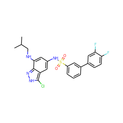 CC(C)CNc1cc(NS(=O)(=O)c2cccc(-c3ccc(F)c(F)c3)c2)cc2c(Cl)[nH]nc12 ZINC000013531382