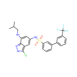 CC(C)CNc1cc(NS(=O)(=O)c2cccc(-c3cccc(C(F)(F)F)c3)c2)cc2c(Cl)[nH]nc12 ZINC000027653168