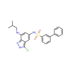 CC(C)CNc1cc(NS(=O)(=O)c2cccc(-c3ccccc3)c2)cc2c(Cl)[nH]nc12 ZINC000013531419