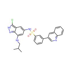 CC(C)CNc1cc(NS(=O)(=O)c2cccc(-c3cnc4ccccc4c3)c2)cc2c(Cl)[nH]nc12 ZINC000013531385