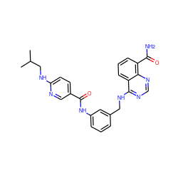 CC(C)CNc1ccc(C(=O)Nc2cccc(CNc3ncnc4c(C(N)=O)cccc34)c2)cn1 ZINC000167083540