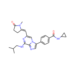 CC(C)CNc1nc(/C=C2\CCC(=O)N2C)cn2c(-c3ccc(C(=O)NC4CC4)cc3)cnc12 ZINC000169208142