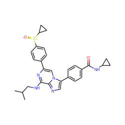 CC(C)CNc1nc(-c2ccc([S@@+]([O-])C3CC3)cc2)cn2c(-c3ccc(C(=O)NC4CC4)cc3)cnc12 ZINC000169265540
