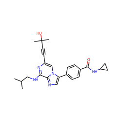 CC(C)CNc1nc(C#CC(C)(C)O)cn2c(-c3ccc(C(=O)NC4CC4)cc3)cnc12 ZINC000199110426