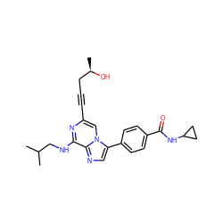 CC(C)CNc1nc(C#CC[C@@H](C)O)cn2c(-c3ccc(C(=O)NC4CC4)cc3)cnc12 ZINC000199112884