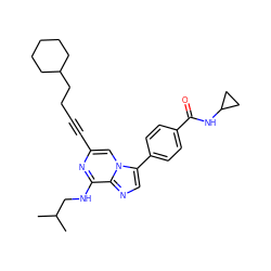 CC(C)CNc1nc(C#CCCC2CCCCC2)cn2c(-c3ccc(C(=O)NC4CC4)cc3)cnc12 ZINC001772609077