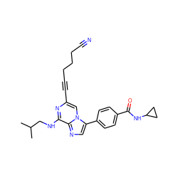 CC(C)CNc1nc(C#CCCCC#N)cn2c(-c3ccc(C(=O)NC4CC4)cc3)cnc12 ZINC000072318713