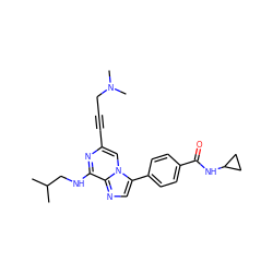 CC(C)CNc1nc(C#CCN(C)C)cn2c(-c3ccc(C(=O)NC4CC4)cc3)cnc12 ZINC000146991096