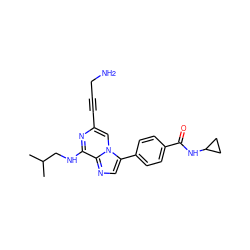 CC(C)CNc1nc(C#CCN)cn2c(-c3ccc(C(=O)NC4CC4)cc3)cnc12 ZINC000199112961