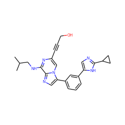 CC(C)CNc1nc(C#CCO)cn2c(-c3cccc(-c4cnc(C5CC5)[nH]4)c3)cnc12 ZINC000199085896