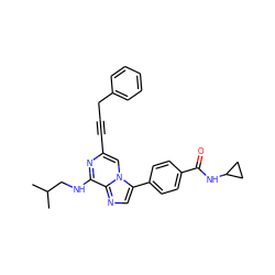 CC(C)CNc1nc(C#CCc2ccccc2)cn2c(-c3ccc(C(=O)NC4CC4)cc3)cnc12 ZINC000199118226