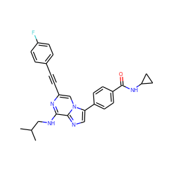 CC(C)CNc1nc(C#Cc2ccc(F)cc2)cn2c(-c3ccc(C(=O)NC4CC4)cc3)cnc12 ZINC000199118250