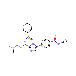 CC(C)CNc1nc(C2=CCCCC2)cn2c(-c3ccc(C(=O)NC4CC4)cc3)cnc12 ZINC000169224670