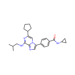 CC(C)CNc1nc(C2CCCC2)cn2c(-c3ccc(C(=O)NC4CC4)cc3)cnc12 ZINC000200564127