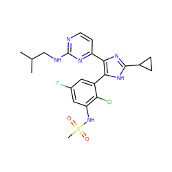 CC(C)CNc1nccc(-c2nc(C3CC3)[nH]c2-c2cc(F)cc(NS(C)(=O)=O)c2Cl)n1 ZINC000169694673