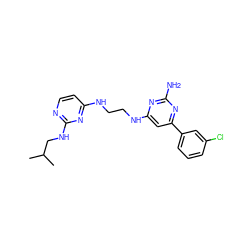 CC(C)CNc1nccc(NCCNc2cc(-c3cccc(Cl)c3)nc(N)n2)n1 ZINC000096906130