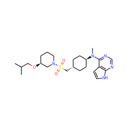 CC(C)CO[C@H]1CCCN(S(=O)(=O)C[C@H]2CC[C@H](N(C)c3ncnc4[nH]ccc34)CC2)C1 ZINC000261153739