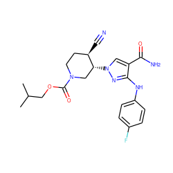 CC(C)COC(=O)N1CC[C@@H](C#N)[C@H](n2cc(C(N)=O)c(Nc3ccc(F)cc3)n2)C1 ZINC000220739117