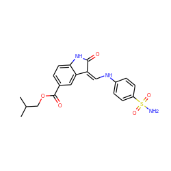 CC(C)COC(=O)c1ccc2c(c1)/C(=C/Nc1ccc(S(N)(=O)=O)cc1)C(=O)N2 ZINC000013470457