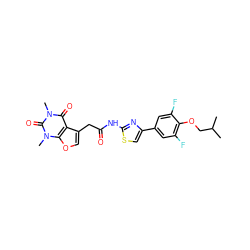 CC(C)COc1c(F)cc(-c2csc(NC(=O)Cc3coc4c3c(=O)n(C)c(=O)n4C)n2)cc1F ZINC000139065599