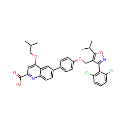 CC(C)COc1cc(C(=O)O)nc2ccc(-c3ccc(OCc4c(-c5c(Cl)cccc5Cl)noc4C(C)C)cc3)cc12 ZINC000066065898