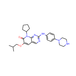 CC(C)COc1cc2cnc(Nc3ccc(N4CCNCC4)cc3)nc2n(C2CCCC2)c1=O ZINC001772624272