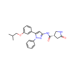 CC(C)COc1cccc(-c2cc(NC(=O)[C@@H]3CNC(=O)C3)nn2-c2ccccc2)c1 ZINC000169707203