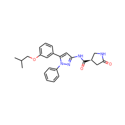 CC(C)COc1cccc(-c2cc(NC(=O)[C@H]3CNC(=O)C3)nn2-c2ccccc2)c1 ZINC000169707204