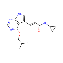 CC(C)COc1ncnc2[nH]cc(/C=C/C(=O)NC3CC3)c12 ZINC000208110745