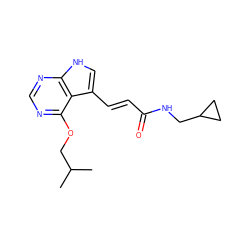 CC(C)COc1ncnc2[nH]cc(/C=C/C(=O)NCC3CC3)c12 ZINC001772581774