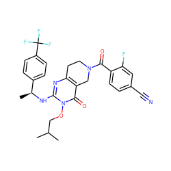 CC(C)COn1c(N[C@@H](C)c2ccc(C(F)(F)F)cc2)nc2c(c1=O)CN(C(=O)c1ccc(C#N)cc1F)CC2 ZINC000113829155