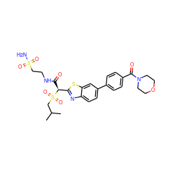 CC(C)CS(=O)(=O)[C@@H](C(=O)NCCS(N)(=O)=O)c1nc2ccc(-c3ccc(C(=O)N4CCOCC4)cc3)cc2s1 ZINC000143983496