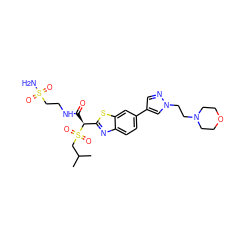 CC(C)CS(=O)(=O)[C@@H](C(=O)NCCS(N)(=O)=O)c1nc2ccc(-c3cnn(CCN4CCOCC4)c3)cc2s1 ZINC000145475149