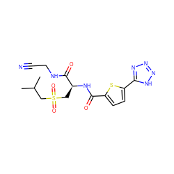 CC(C)CS(=O)(=O)C[C@H](NC(=O)c1ccc(-c2nnn[nH]2)s1)C(=O)NCC#N ZINC000095579427