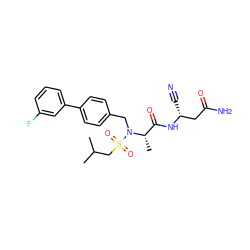 CC(C)CS(=O)(=O)N(Cc1ccc(-c2cccc(F)c2)cc1)[C@@H](C)C(=O)N[C@H](C#N)CC(N)=O ZINC000653798270