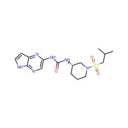 CC(C)CS(=O)(=O)N1CCC[C@H](NC(=O)Nc2cnc3[nH]ccc3n2)C1 ZINC000068208584