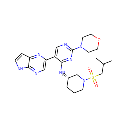 CC(C)CS(=O)(=O)N1CCC[C@H](Nc2nc(N3CCOCC3)ncc2-c2cnc3[nH]ccc3n2)C1 ZINC000168822663