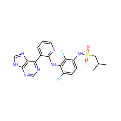 CC(C)CS(=O)(=O)Nc1ccc(F)c(Nc2ncccc2-c2ncnc3[nH]cnc23)c1F ZINC000653848980