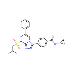 CC(C)CS(=O)(=O)c1nc(-c2ccccc2)cn2c(-c3ccc(C(=O)NC4CC4)cc3)cnc12 ZINC000072316962