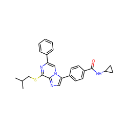 CC(C)CSc1nc(-c2ccccc2)cn2c(-c3ccc(C(=O)NC4CC4)cc3)cnc12 ZINC000118745334