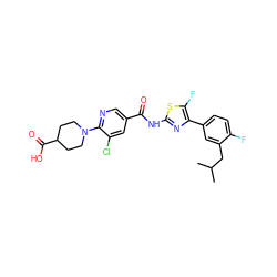 CC(C)Cc1cc(-c2nc(NC(=O)c3cnc(N4CCC(C(=O)O)CC4)c(Cl)c3)sc2F)ccc1F ZINC000053294537