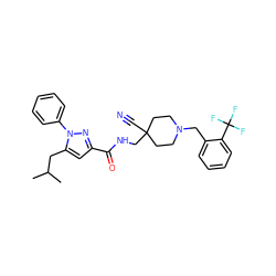 CC(C)Cc1cc(C(=O)NCC2(C#N)CCN(Cc3ccccc3C(F)(F)F)CC2)nn1-c1ccccc1 ZINC000072123501