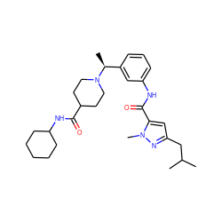 CC(C)Cc1cc(C(=O)Nc2cccc([C@H](C)N3CCC(C(=O)NC4CCCCC4)CC3)c2)n(C)n1 ZINC001772624309