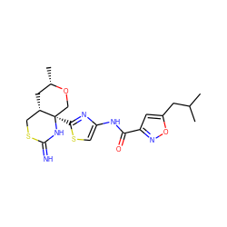 CC(C)Cc1cc(C(=O)Nc2csc([C@@]34CO[C@@H](C)C[C@H]3CSC(=N)N4)n2)no1 ZINC001772571490